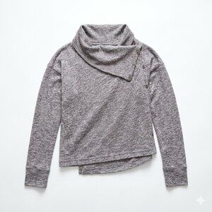 Eddie Bauer Heather Grey Asymmetrical Cowl Neck Sweater Small Snap Button Front